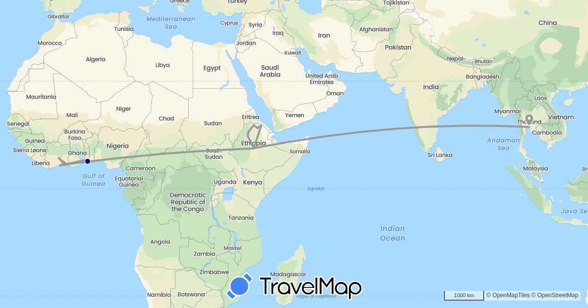TravelMap itinerary: driving, plane in Côte d'Ivoire, Ethiopia, Togo, Thailand (Africa, Asia)